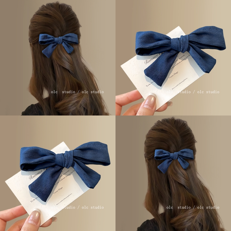 高街时髦感~牛仔蓝蝴蝶结发夹