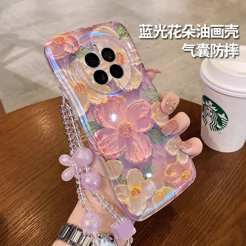 蓝光油画花适用华为mate50pro手机壳mate40pro高级感新款p60全包软壳mate30pro防摔M40e简约女por手链mate50E怎么看?