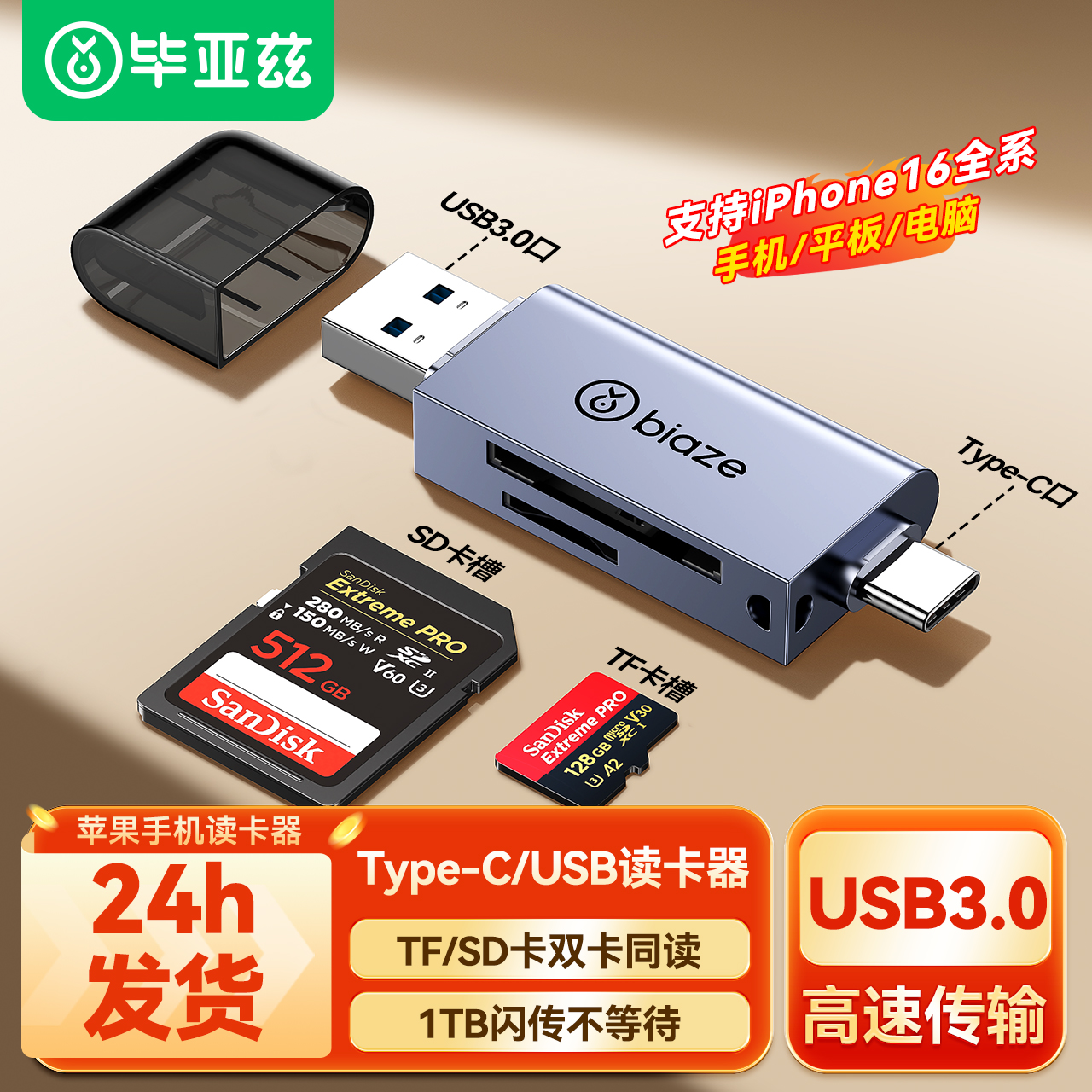 毕亚兹相机读卡器sd卡ccd多功能u