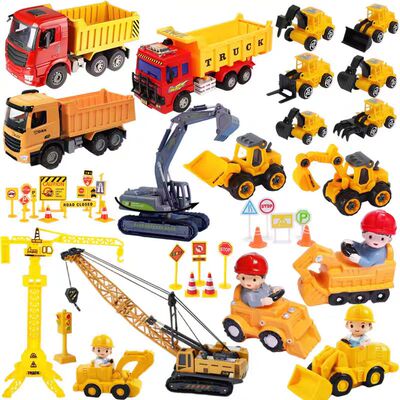 蛋糕装饰挖掘机挖土机工程车吊车超大翻斗警告路障摆件回力件套B