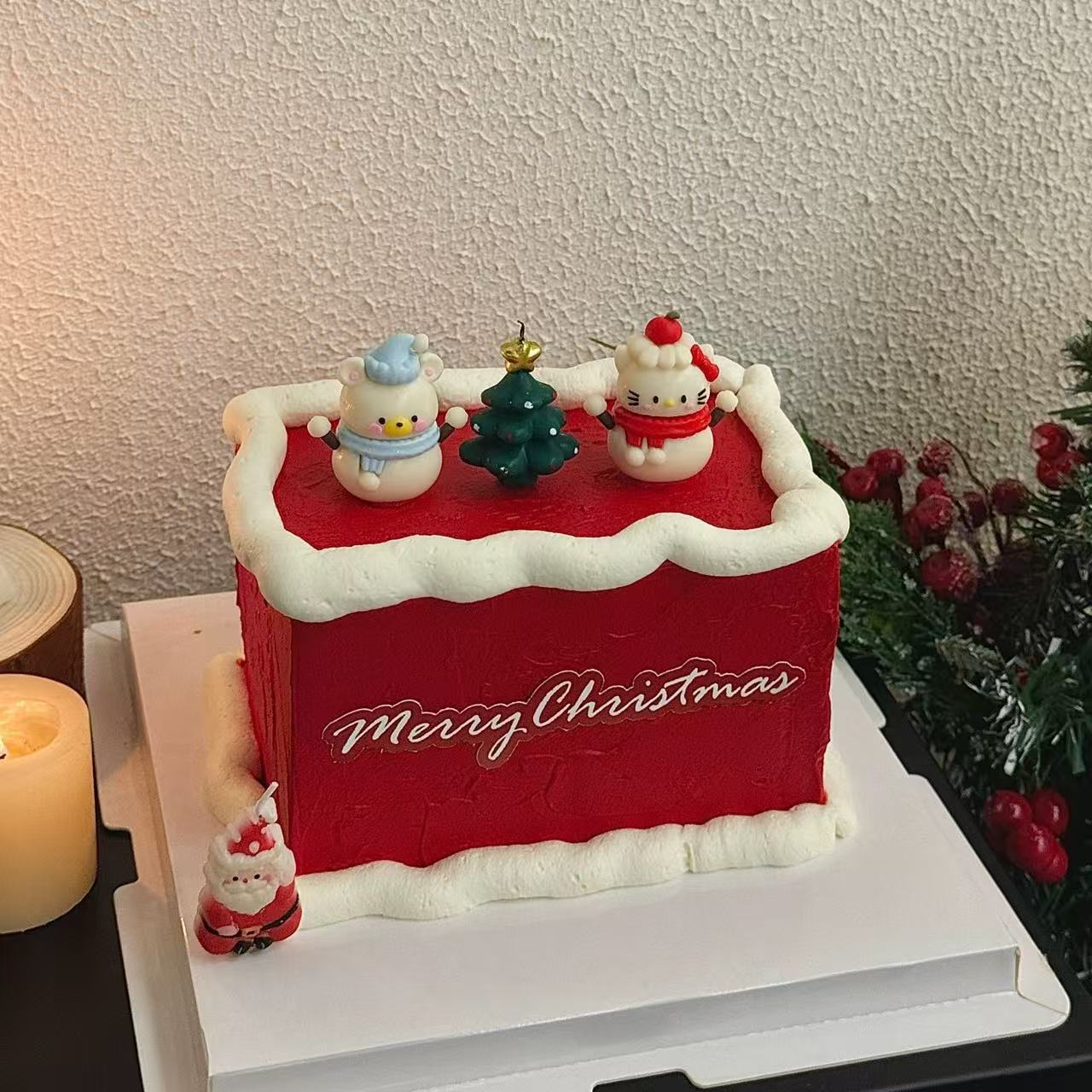 2025圣诞节新款KT猫小熊雪人蛋糕装饰摆件圣诞老人蜡烛圣诞插件