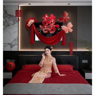 婚房氛围感布置卧室床头结婚装 饰简单大气拉花婚礼喜字女方背景墙