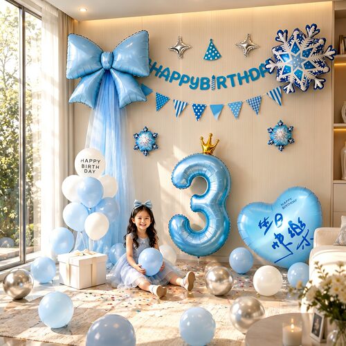 浅蓝蝴蝶结宝宝生日派对气球装饰