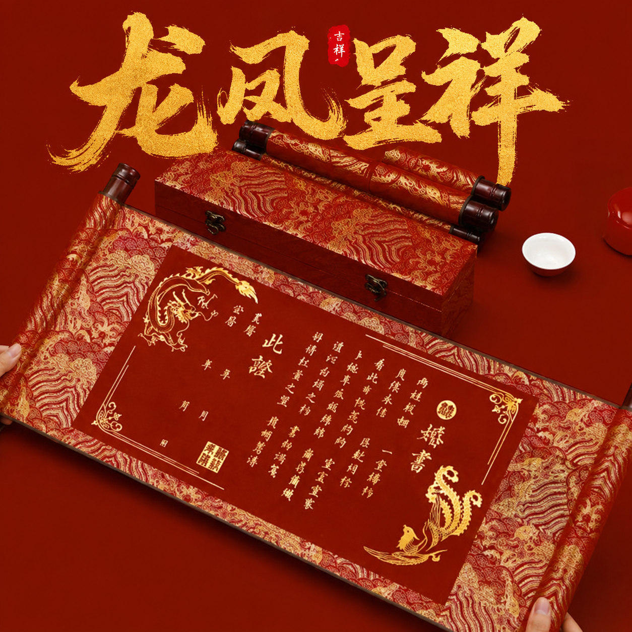 名师手写龙凤呈祥婚书订婚书卷轴