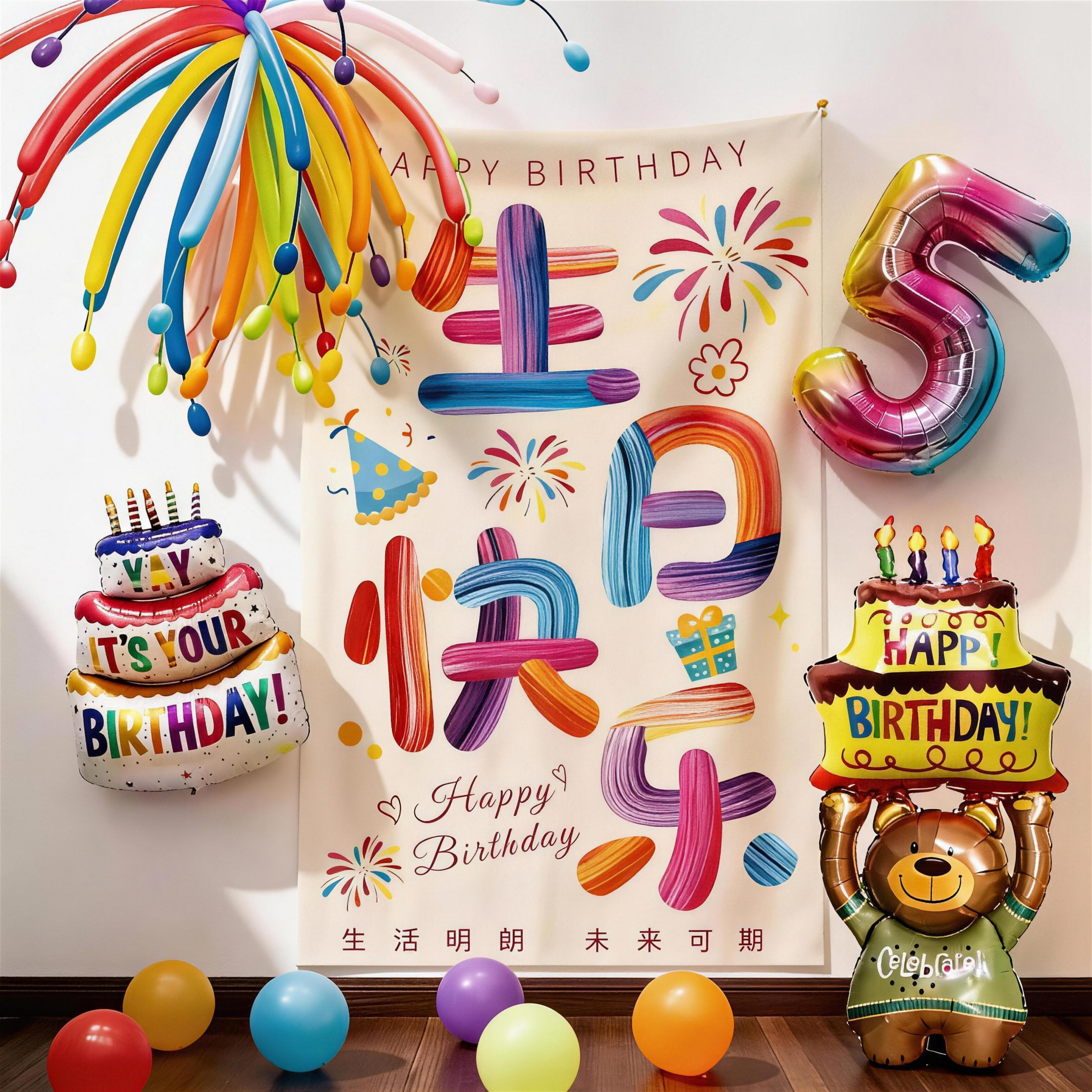 儿童彩色生日快乐挂布装饰男女孩烟花气球周岁派对仪式感场景布置