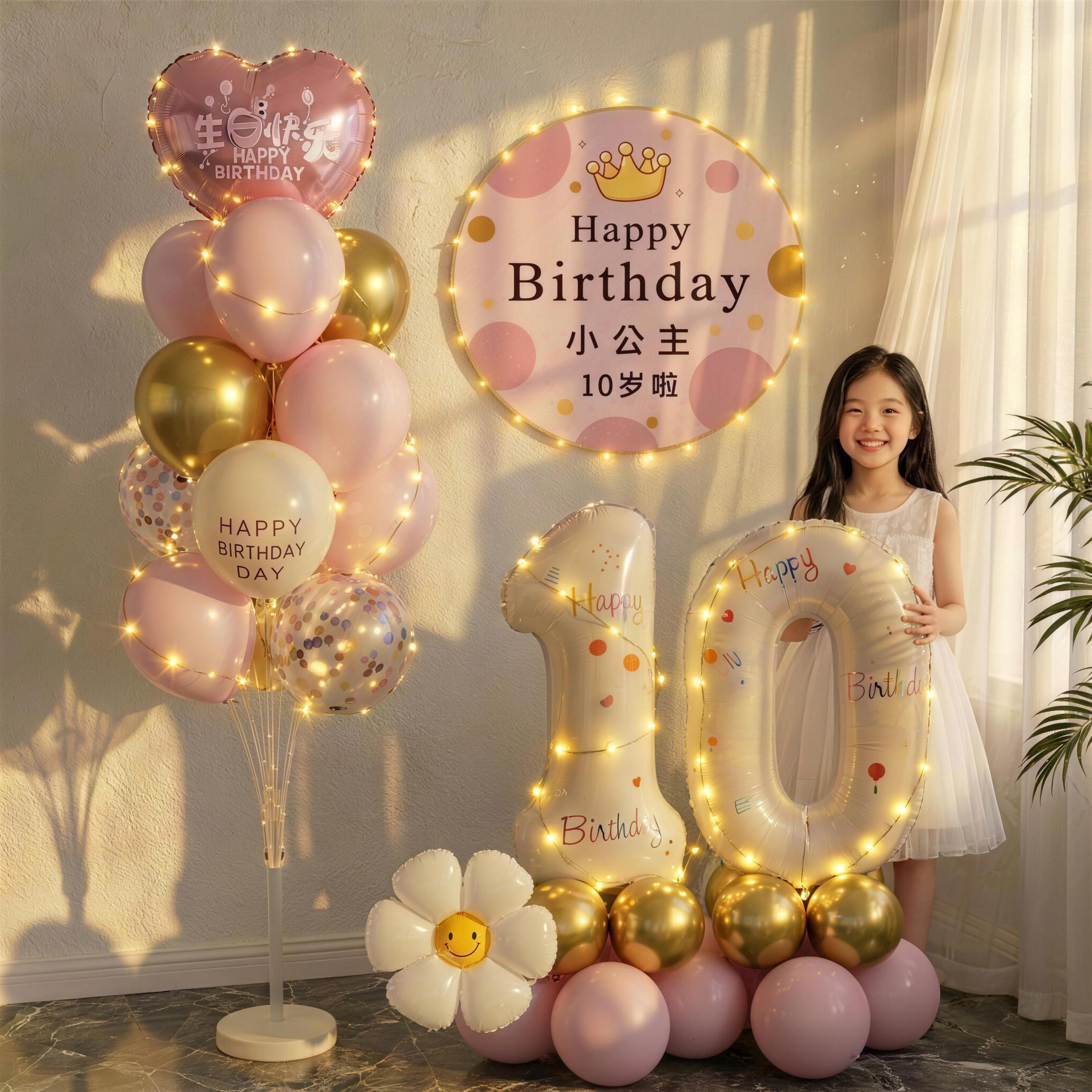 10岁十岁小女孩生日快乐仪式感氛围背景墙气球派对场景布置装饰12