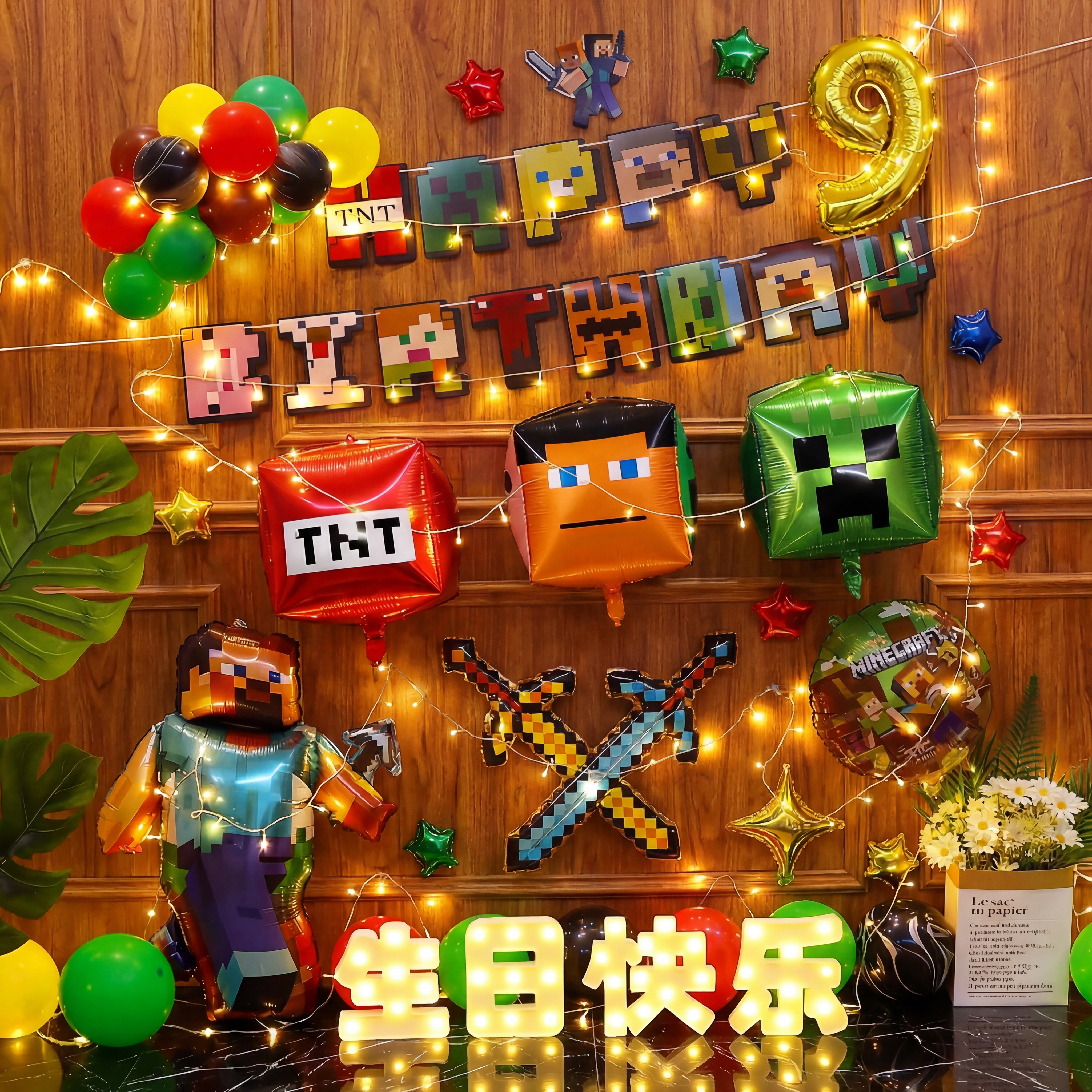 新款世界我的主题儿童生日派对场景装饰布置MC像素气球装扮背景墙