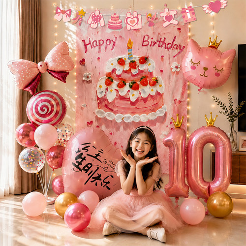 10岁十岁小女孩生日快乐仪式感氛围背景气球儿童派对场景布置装饰