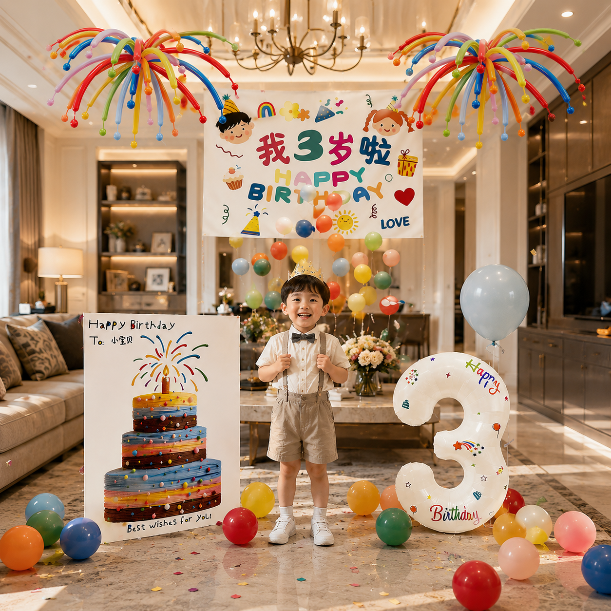儿童女孩2岁生日快乐场景布置装饰男孩5岁3岁派对气球雨拉绳挂布4