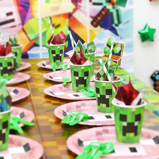 我的世界主题桌布餐具纸巾纸杯像素儿童生日派对场景装饰布置用品