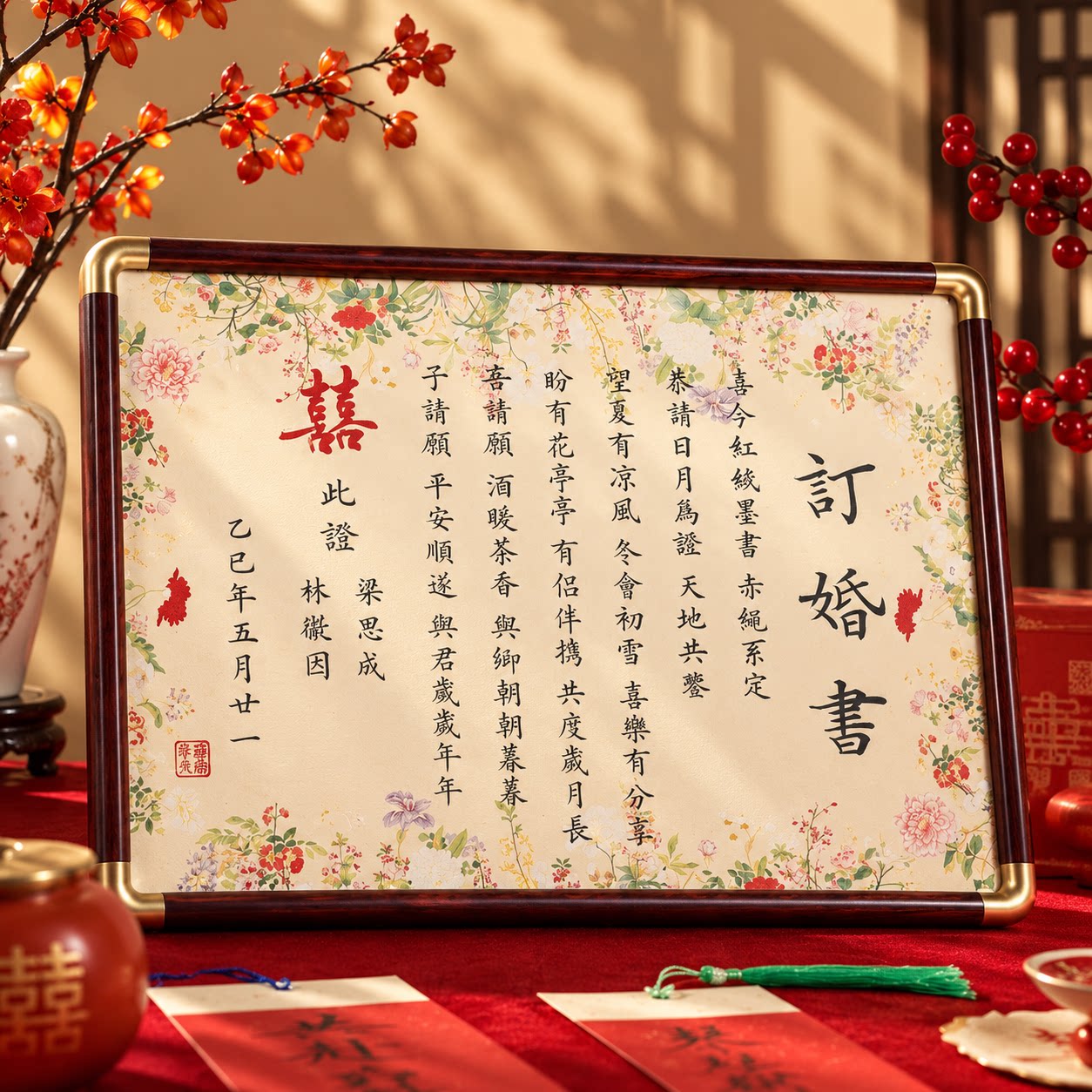 新中式订婚书高级感相框摆台空白定制订婚宴用送日子聘书结婚婚书