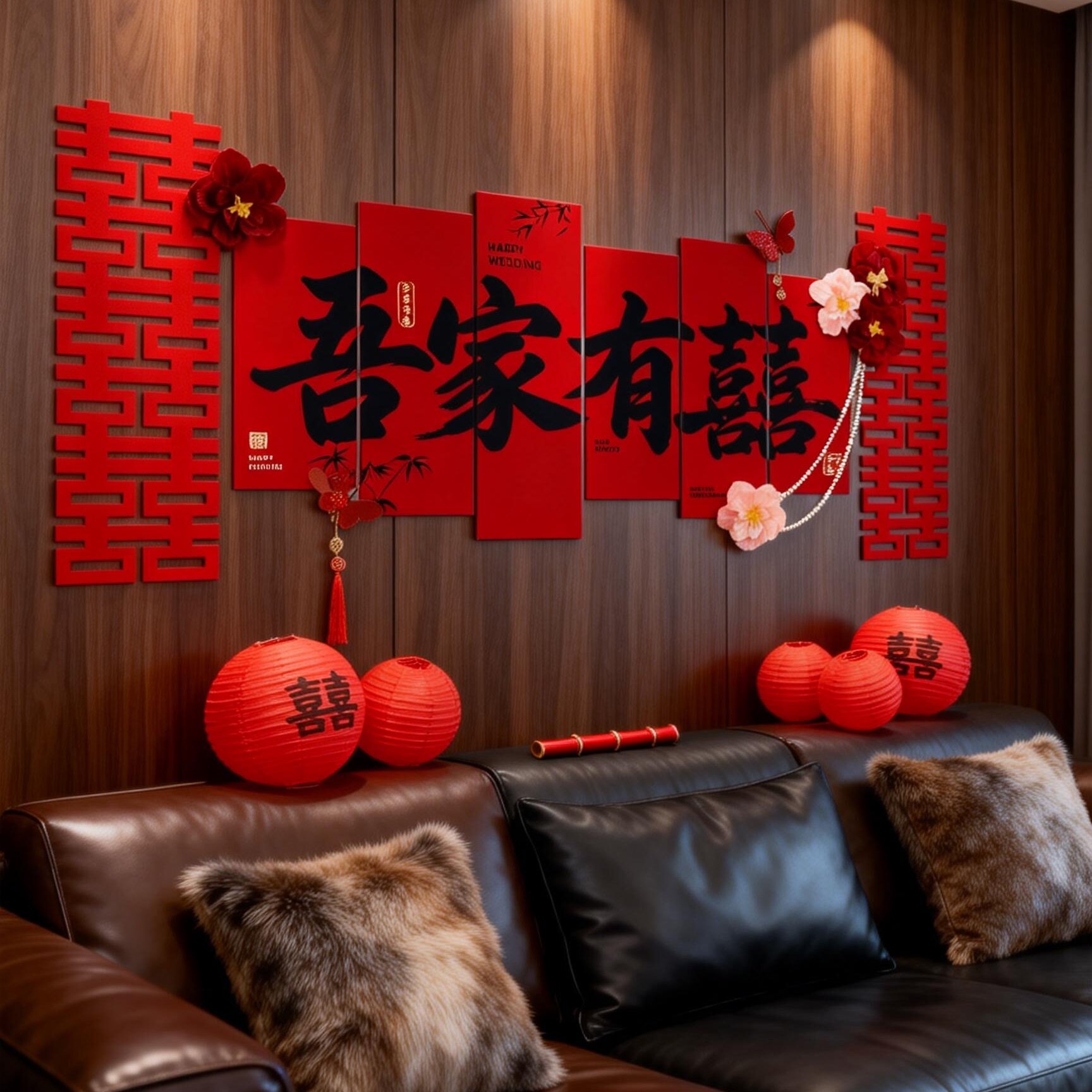 婚房布置客厅结婚装饰订婚婚礼沙发背景墙女方卧室床头喜全套kt板