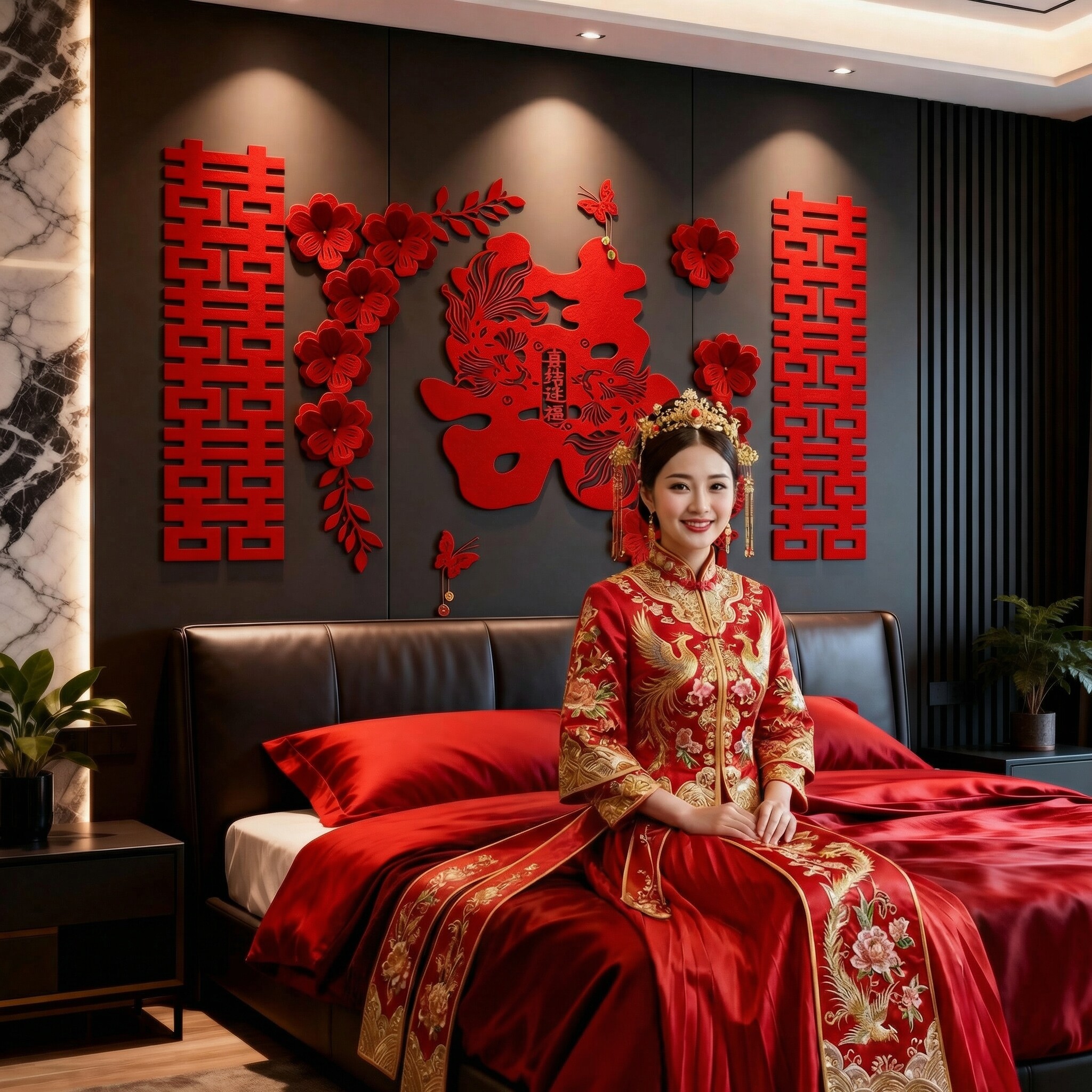 结婚布置婚房装饰卧室床头背景墙沙发喜婚礼客厅简约衣柜女方男方