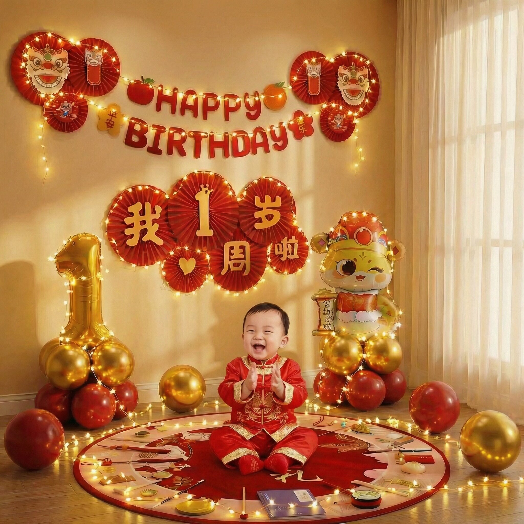 蛇宝宝1岁一周岁礼生日快乐气球氛围抓周仪式感氛围装饰场景布置