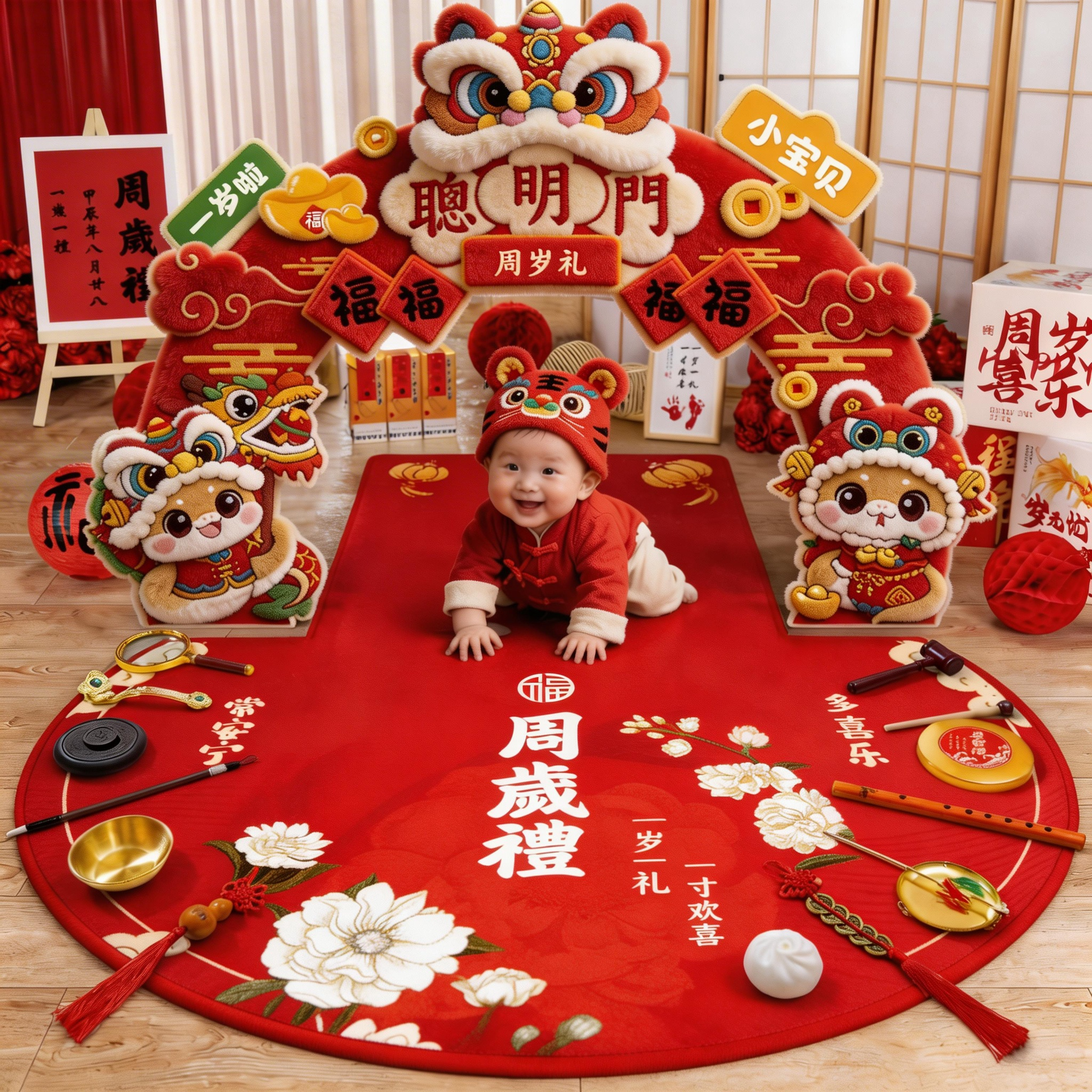 抓周道具用品生日仪式布置装饰套装女宝宝男孩一周岁抓阄地毯全套