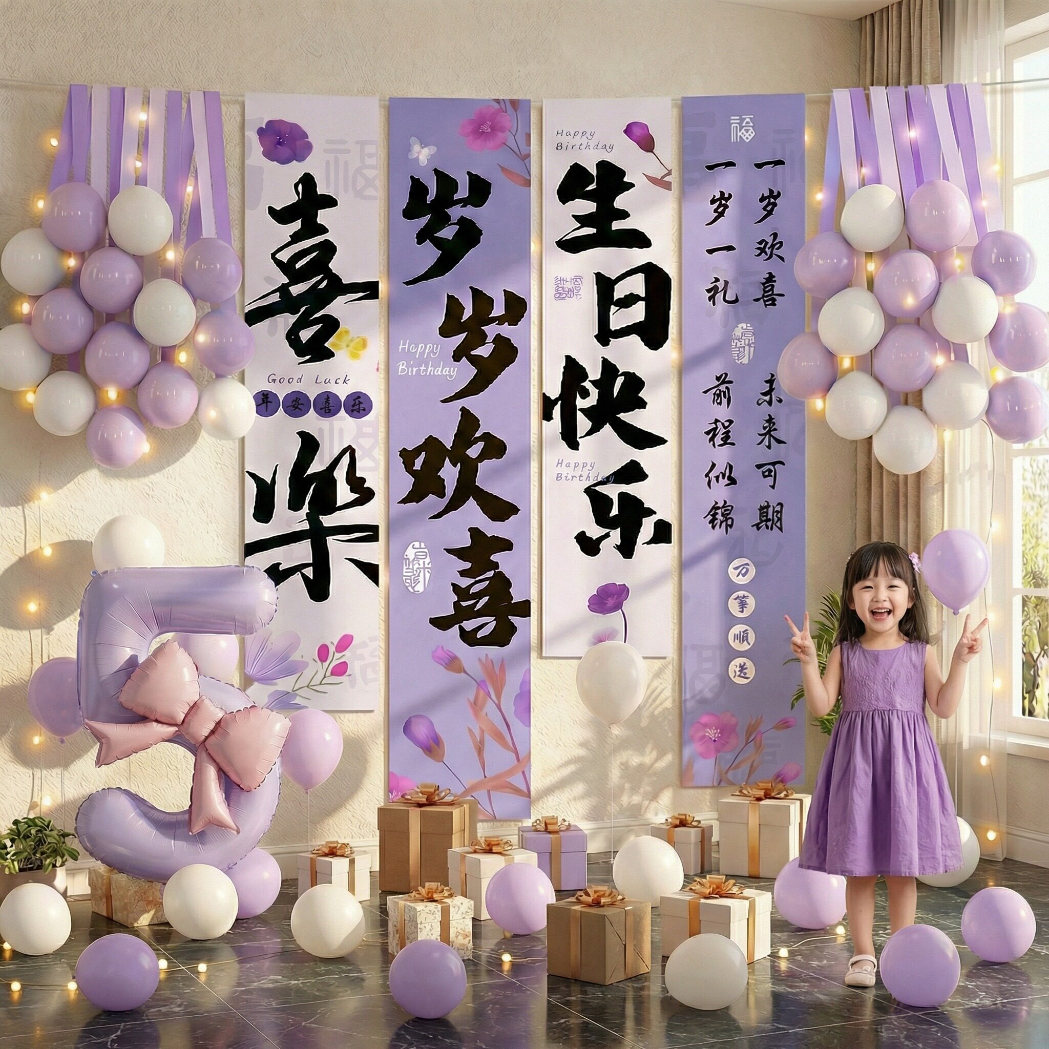 生日快乐布置场景挂布小女孩男孩儿童装饰气球背景道具条幅氛围感