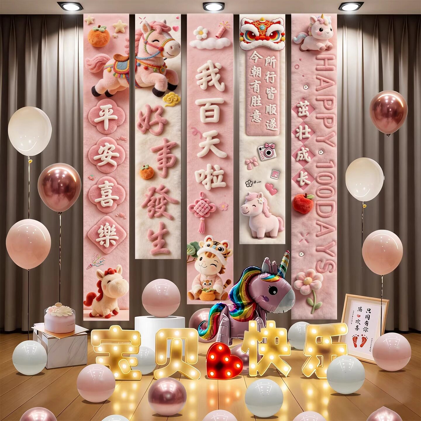 马宝宝百天满月装饰条幅百日宴氛围感场景布置背景墙挂布拍照道具图片