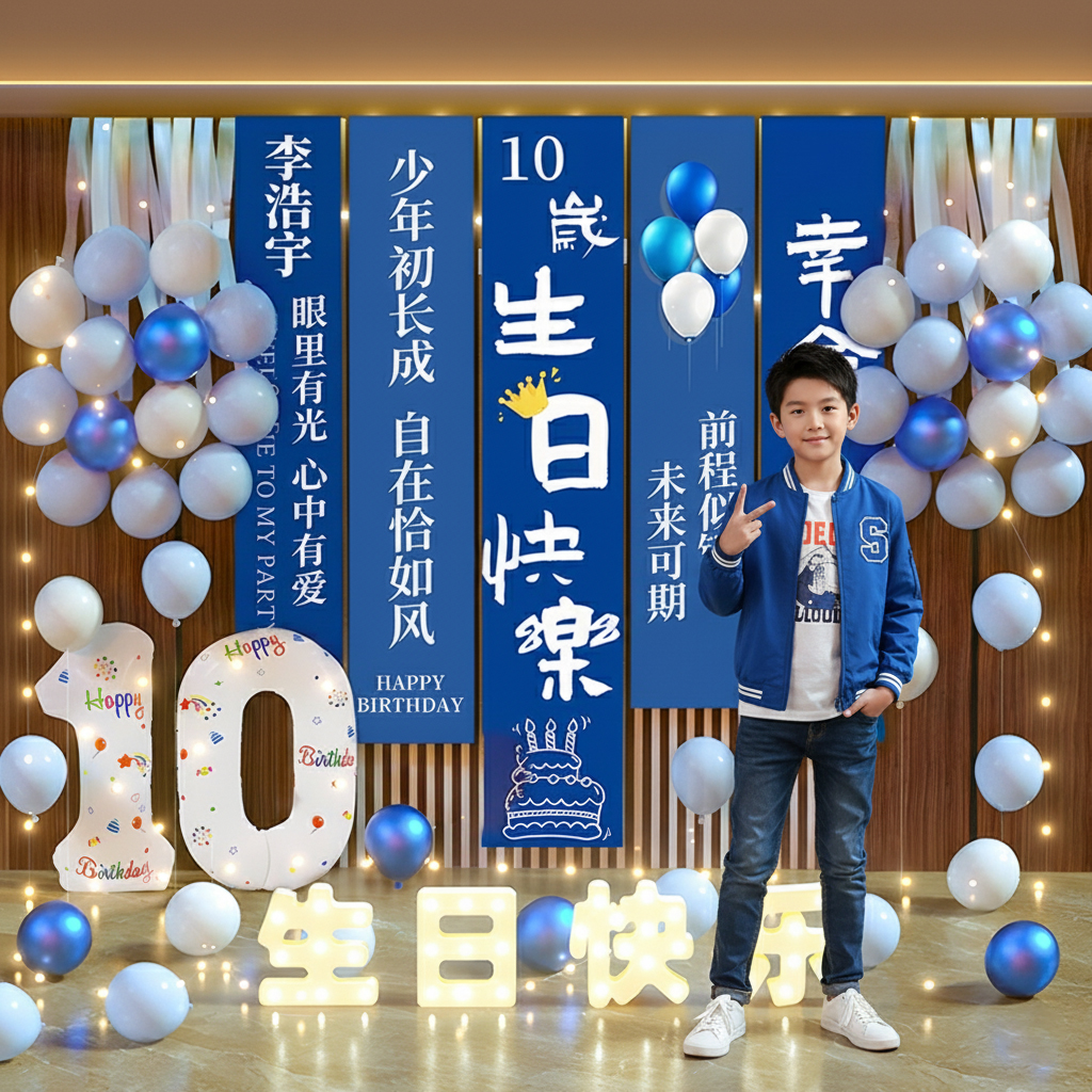男孩生日快乐条幅氛围感气球装饰10岁布置挂布儿童场景背景道具