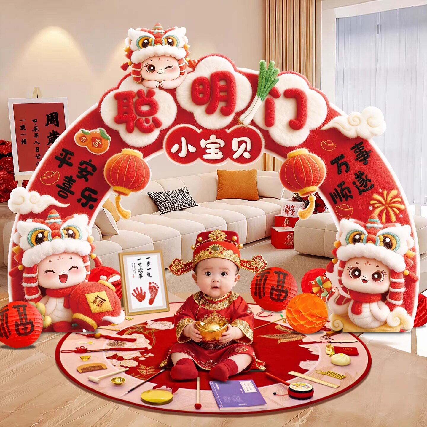 蛇宝宝一周岁生日布置聪明门男女孩宝宝抓周宴全套用品装饰道具品图片