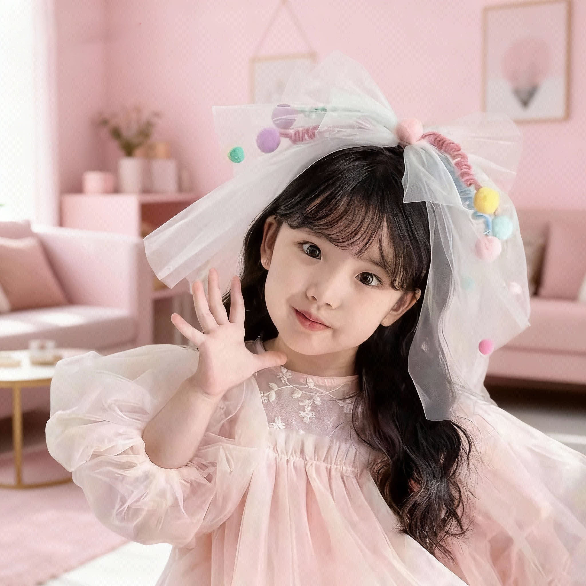 ins风生日头饰甜美可爱儿童扭扭发夹公主纱网宝宝彩色毛球生日帽
