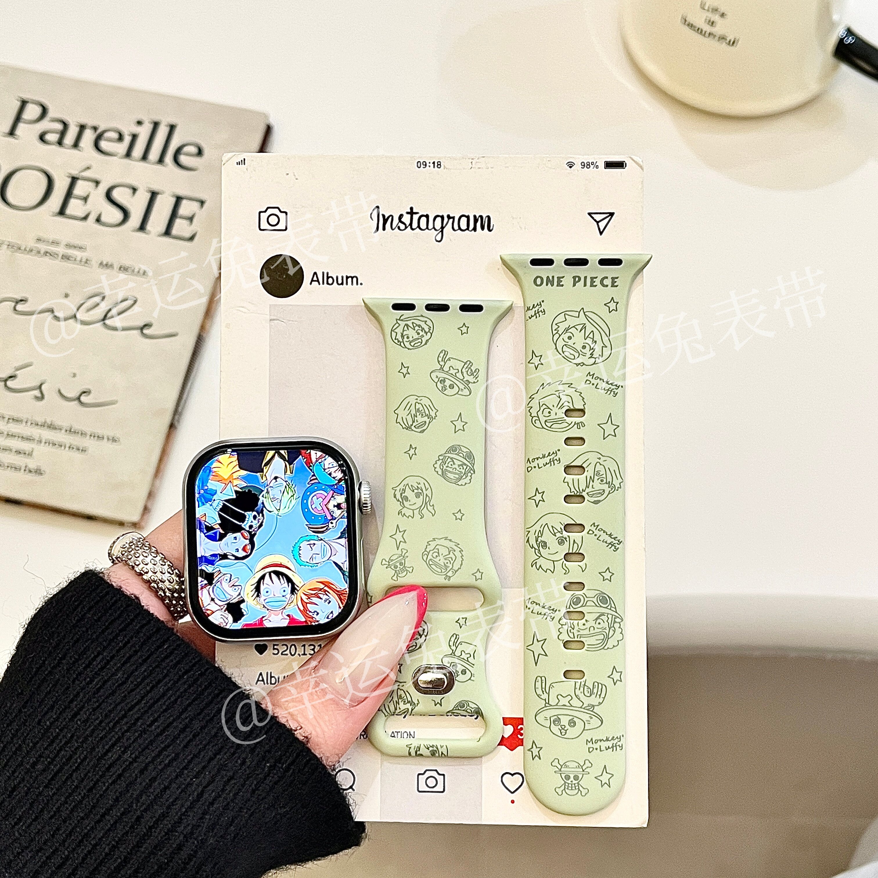 嫩绿色海贼王适用iwatchs11/10苹果手表表带硅胶Applewatchs9/8/7