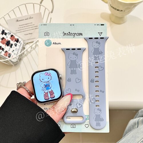 治愈蓝长腿猫咪条适用iwatchs11/10苹果手表表带硅胶Applewatchs9