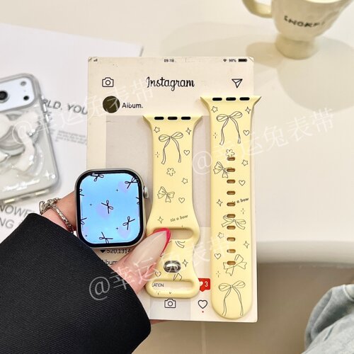 奶黄爱心蝴蝶结适用iwatchs11/10苹果手表表带SE硅胶Applewatchs9
