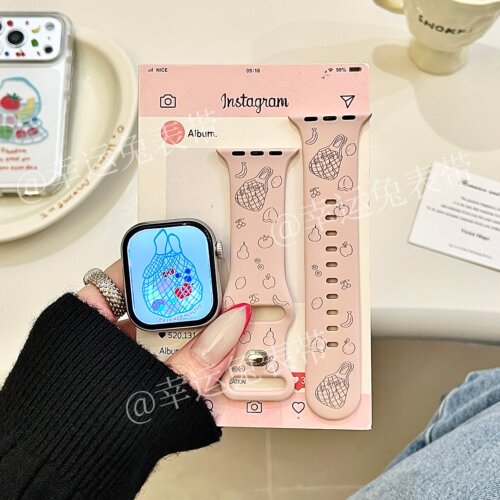 少女粉水果袋子适用iwatchs11/10苹果手表表带硅胶Applewatchs9/8