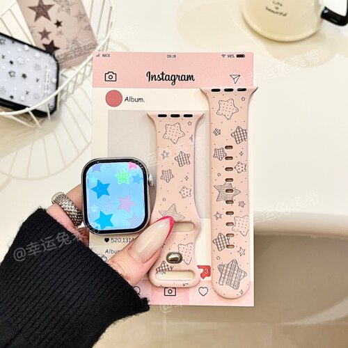女款格纹星星适用iwatchs11/10苹果手表表带SE硅胶Applewatchs9/8