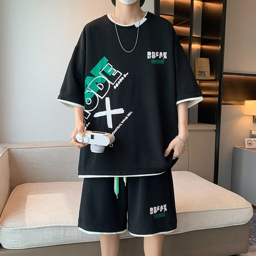 华夫格套装男士夏季薄款大裤衩冰丝速干短袖短裤休闲运动五分裤子