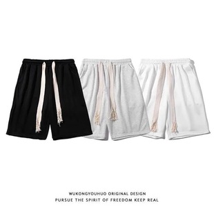 男女潮牌街头宽松阔腿五分卫裤 ins夏季 简约纯色编织抽绳运动短裤