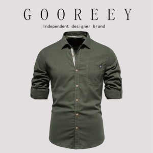 GooReey秋新款翻领男士棉衬衣时尚休闲男式刺绣纯色长袖衬衫修身