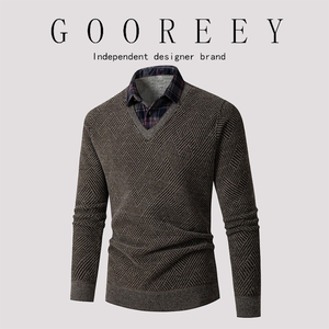 GooReey新款男士假两件格子衬衫领拼接针织衫男秋冬休闲宽松毛衣
