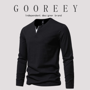 GooReey漫威毒液欧美秋季假两件T恤男简约原宿V领打底衫长袖新款