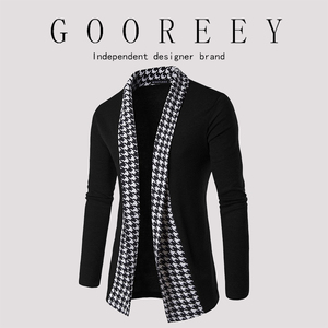 GooReey漫威毒液男士外套春秋新款千鸟格门襟撞色韩版开衫针织衫