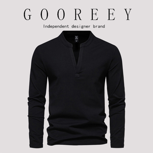 GooReey欧美秋冬季纯色T恤男简约原宿V领打底衫棉质长袖立领上衣