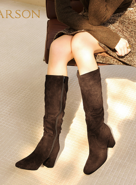 现货哈森褶皱堆堆靴高跟长靴官方正品秋冬季女靴HWA250162