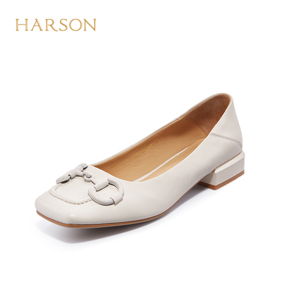 哈森春新款方头时尚百搭浅口优雅平底女单鞋通勤鞋HL222521