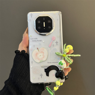 韩风ins可爱卡通青苹果黑猫适用华为matex6折叠屏手机壳新款matex5透明中轴保护套手链女款oppofindn5硬壳