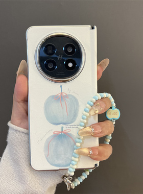 ins风简约蓝色英文苹果插画适用oppofindn5折叠屏手机壳findn3中轴磁吸华为matex7链条手绳matex6典藏版女款