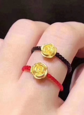 999足金转运珠3D硬金红绳戒