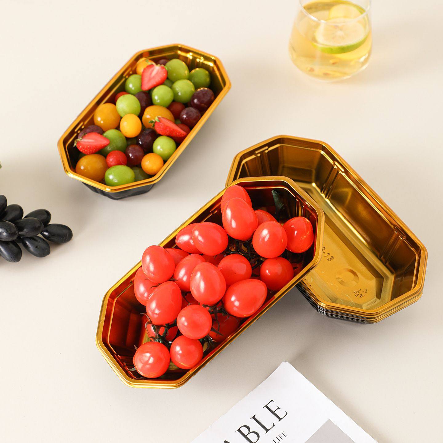 船型水果打包盒金色托盘创意陈列包装盒