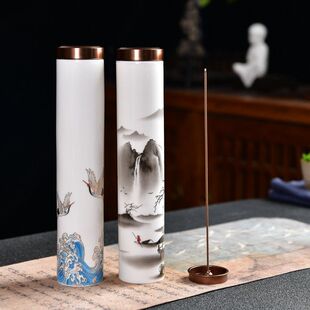 100克线香筒圆形陶瓷线香桶带盖贴花檀香佛香筒包装筒插香筒