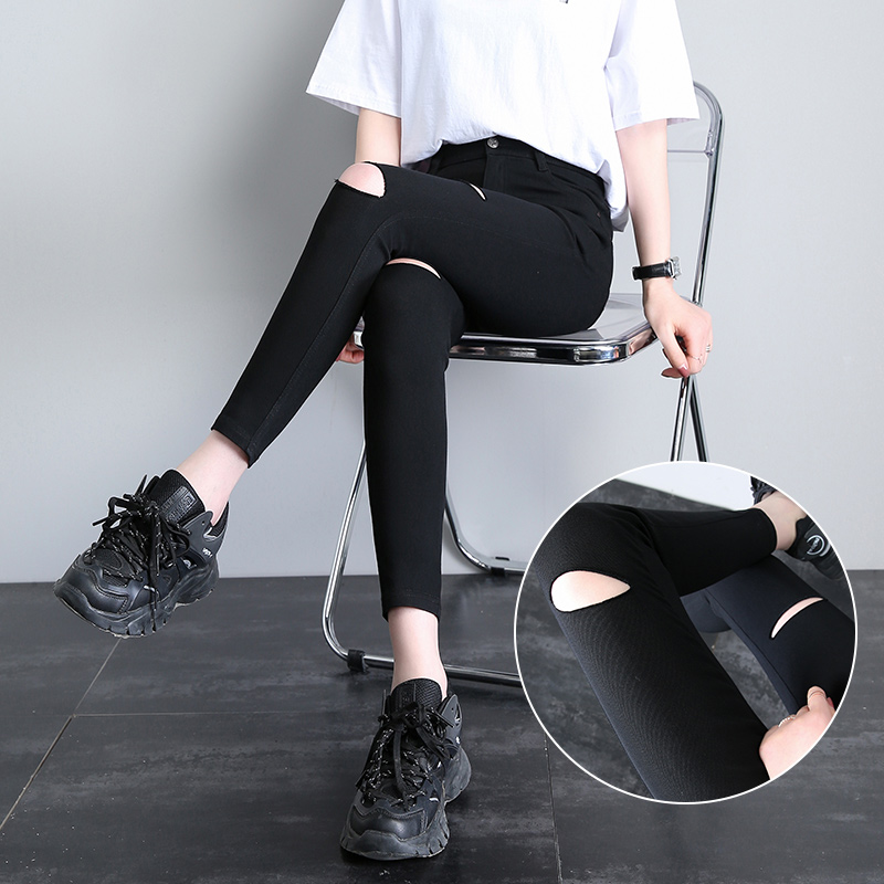 打底裤女外穿夏薄款2025新款春秋高腰九分铅笔小脚黑色破洞小黑裤