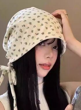 碎花绑带包头堆堆帽女ins百搭显脸小头巾复古冷帽大头围宽松帽子