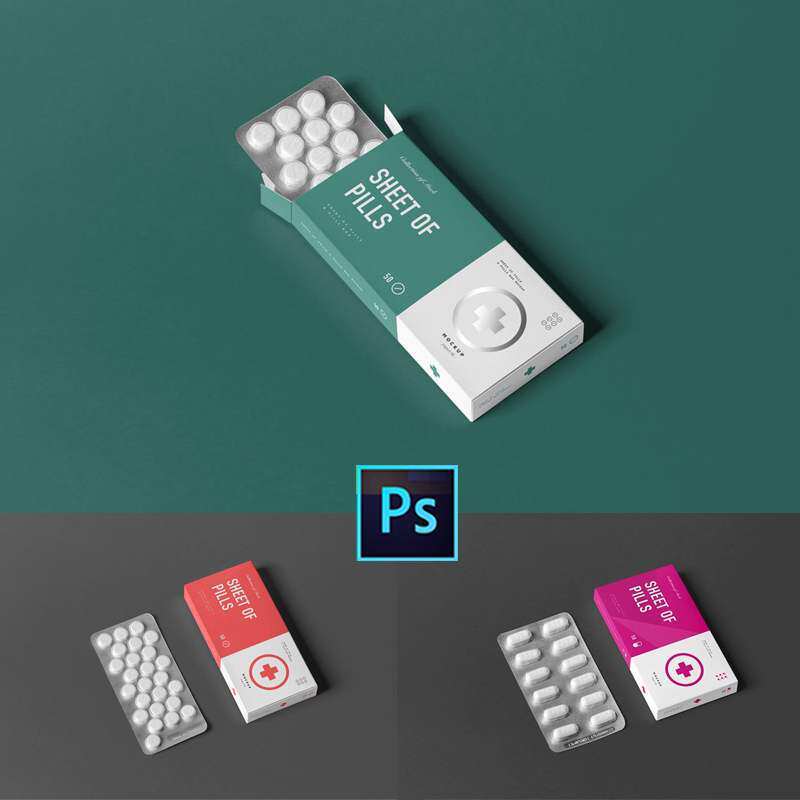 5款药品盒药片铝塑板包装设计vi智能贴图样机psd方形盒装胶囊素材