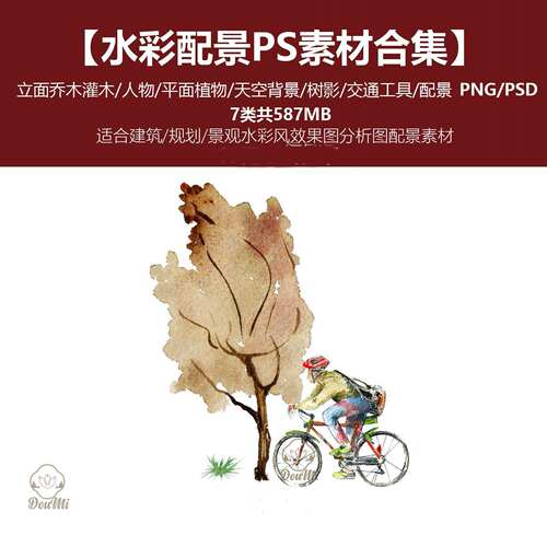 国外水彩景观素材竞赛合集PNG立面人物植物天空PS鸟瞰图设计素材