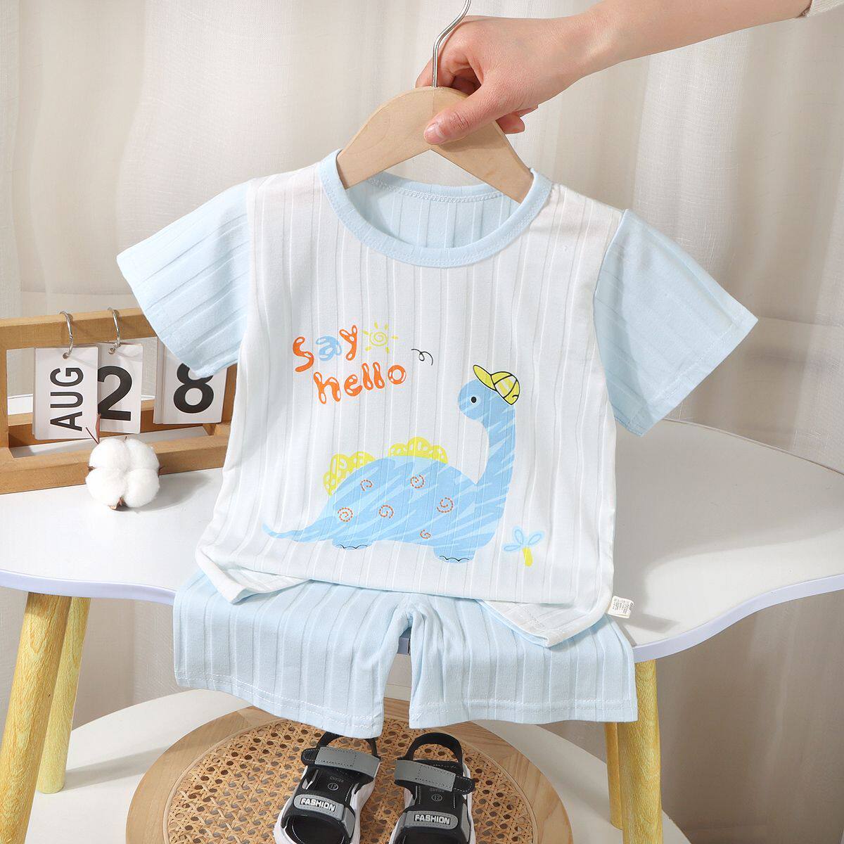 夏季宝宝短袖套装 男女童T恤背心短裤两件套
