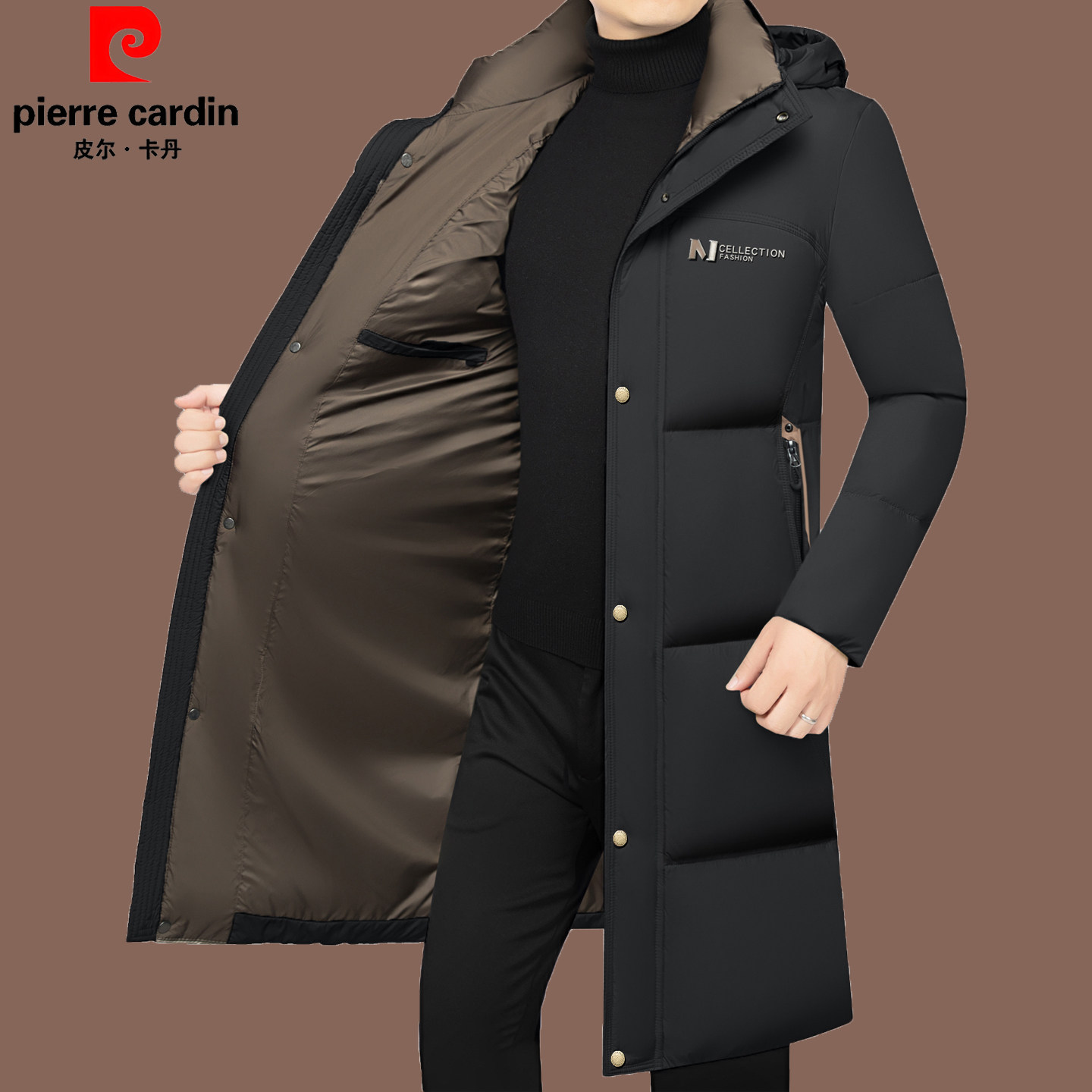 皮尔卡丹冬季新款长款鹅绒羽绒服