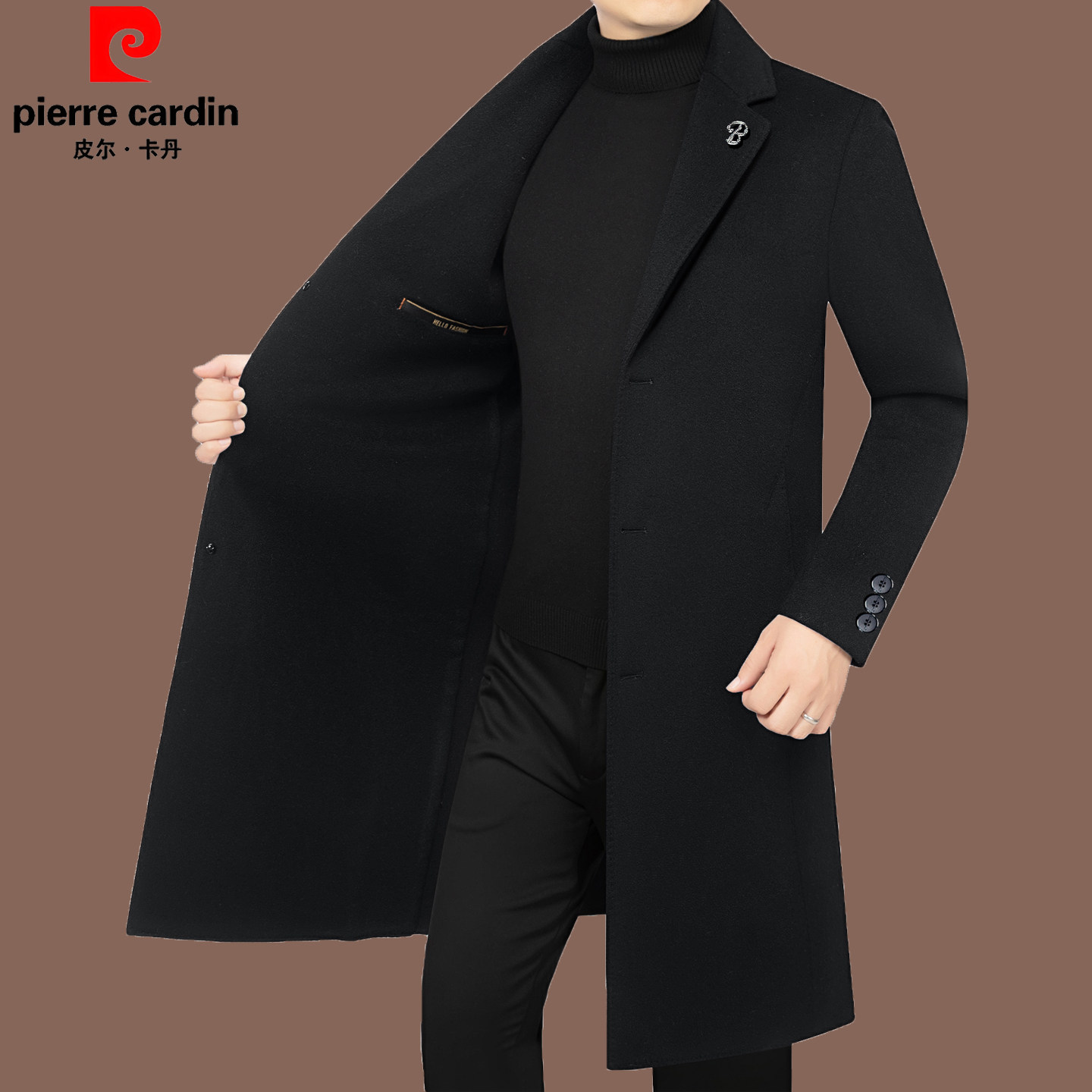 皮尔卡丹秋冬款男士西装毛呢中年爸爸装商务休闲长款风衣保暖外套